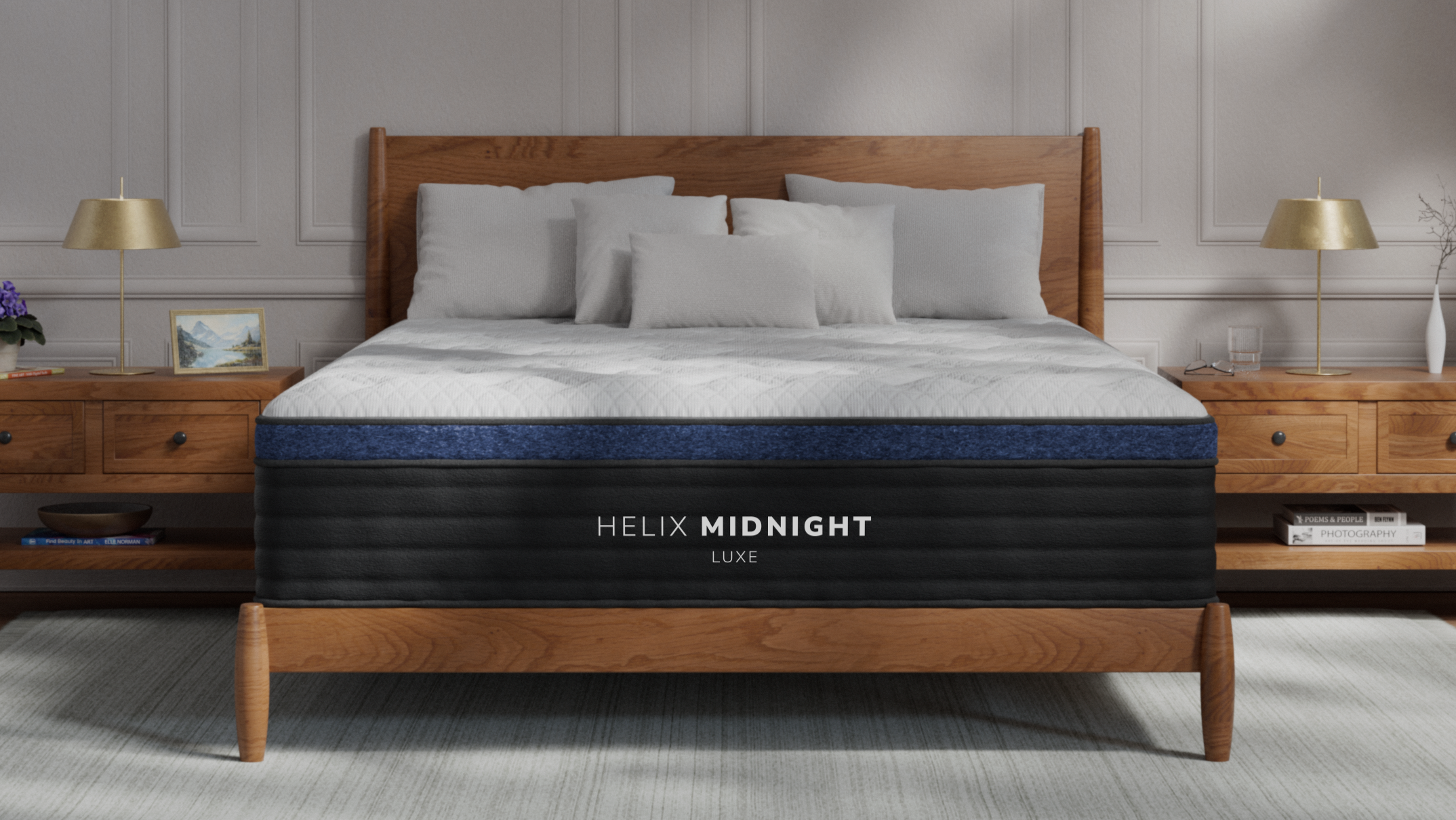 Bed with Helix Midnight Luxe mattress in a bedroom setting