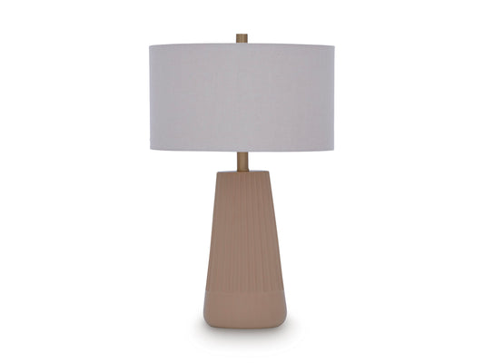 Ceramic table lamp with white fabric drum shade and tan ribbed base