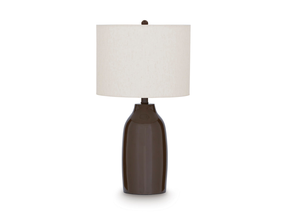Table lamp with off-white fabric shade and dark brown ceramic base, centered