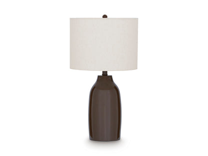 Table lamp with off-white fabric shade and dark brown ceramic base, centered