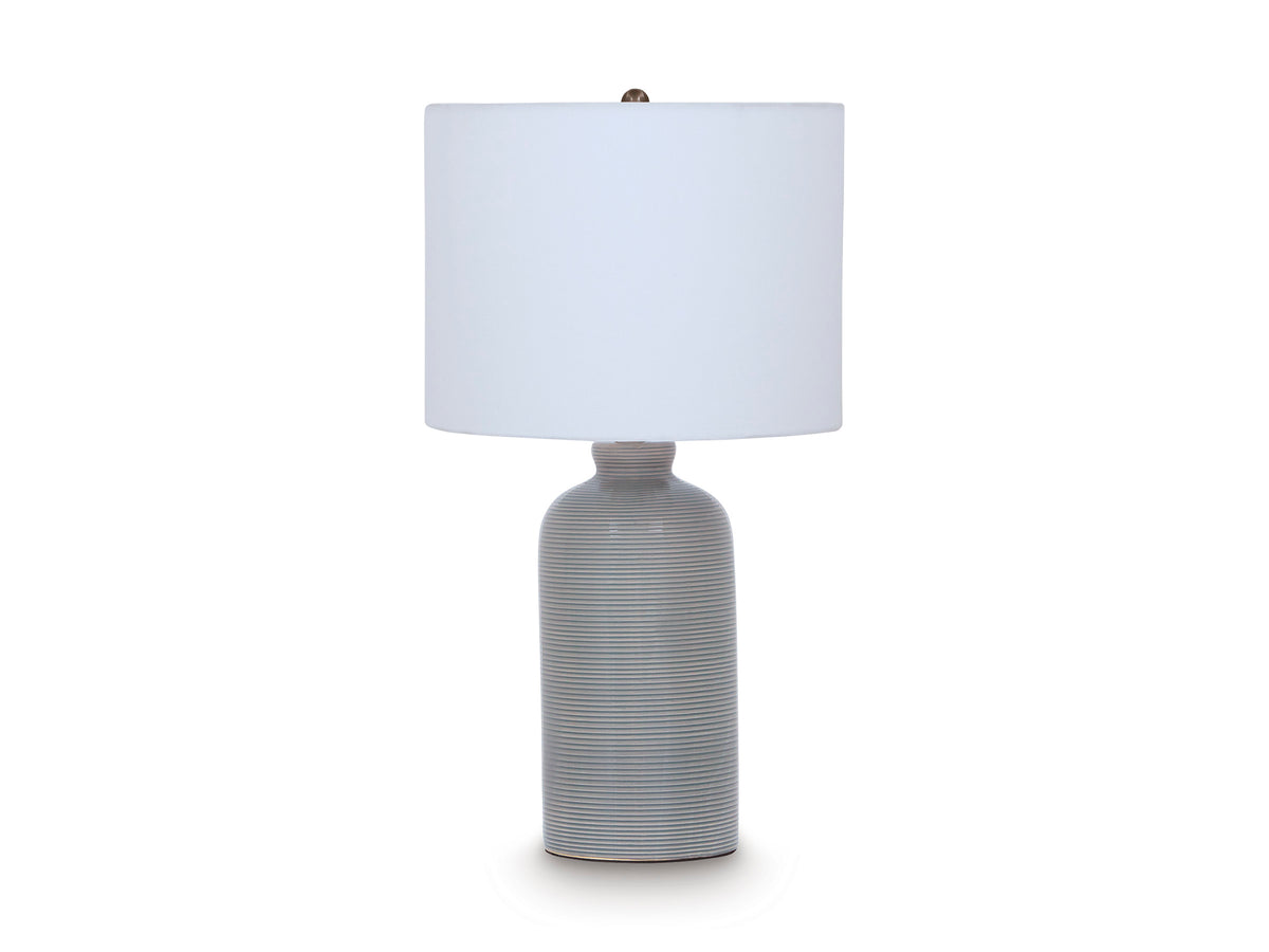 Ceramic table lamp with blue-and-white ribbed base and white drum shade