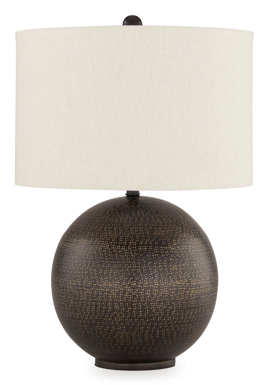 Dark bronze metal sphere table lamp base with black stem and white drum shade