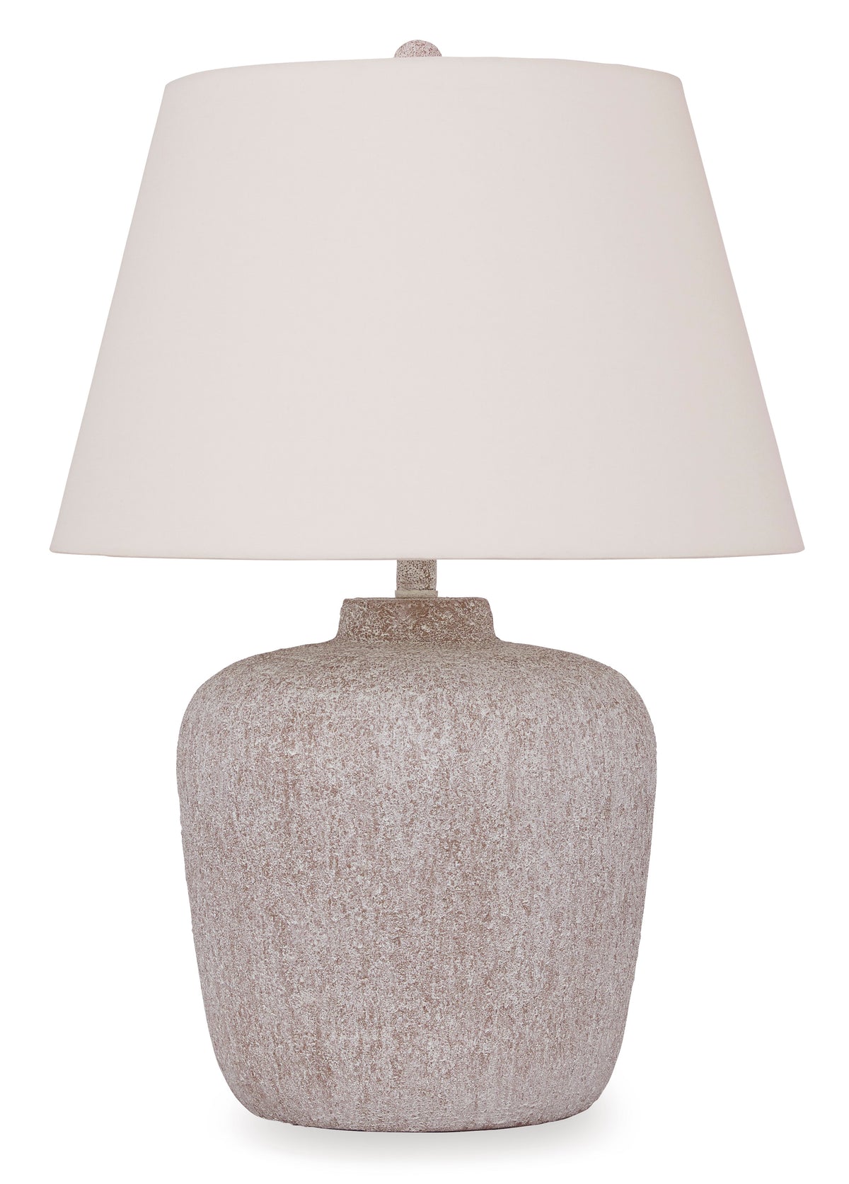 Ashley Danry table lamp featuring white fabric shade and textured beige metal base