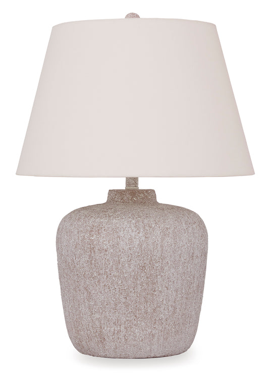 Ashley Danry table lamp featuring white fabric shade and textured beige metal base