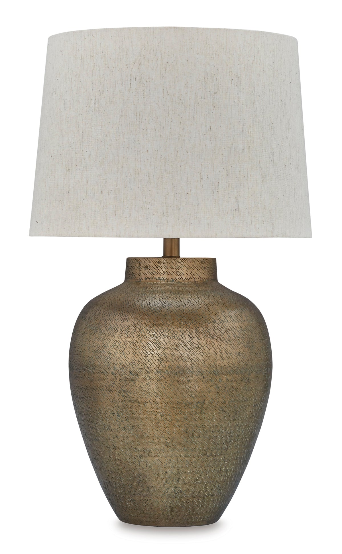 Table lamp featuring a beige fabric drum shade and textured bronze metal base