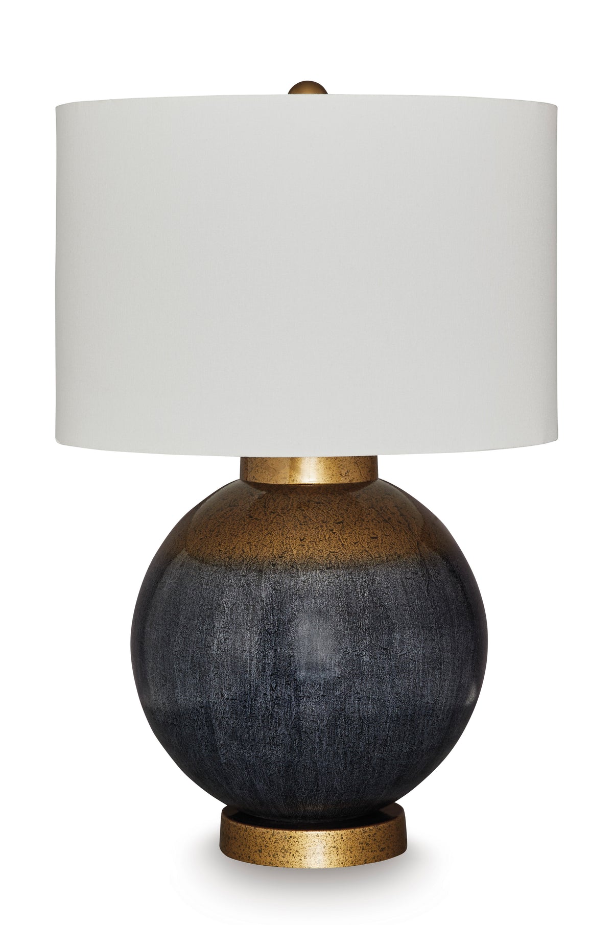 Metal table lamp with white drum shade, dark orb base, and gold pedestal