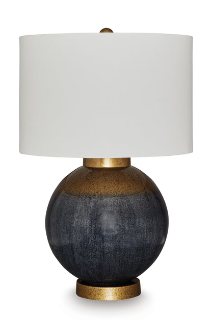 Metal table lamp with white drum shade, dark orb base, and gold pedestal