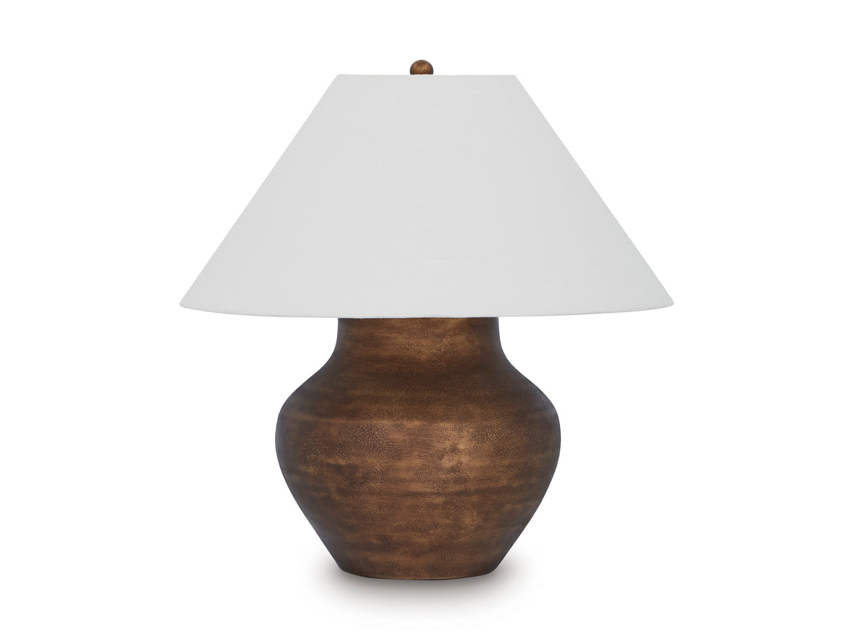 Brown metal table lamp with white fabric drum shade and small finial