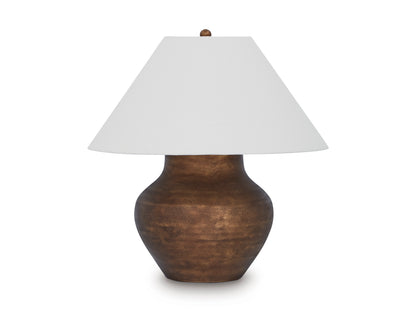 Brown metal table lamp with white fabric drum shade and small finial