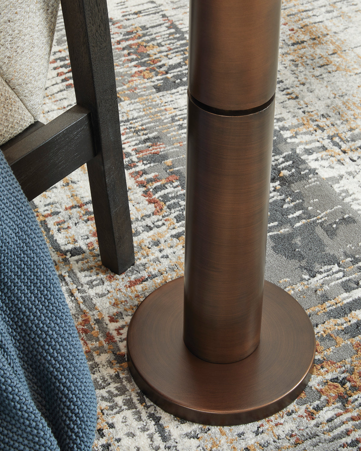 Copper metal lamp base with round foot and tall cylindrical column