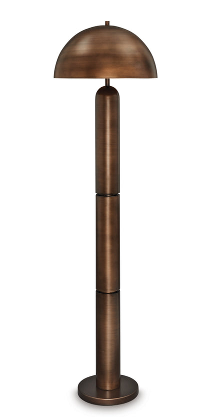 Copper metal floor lamp with dome shade, tall column, and round base