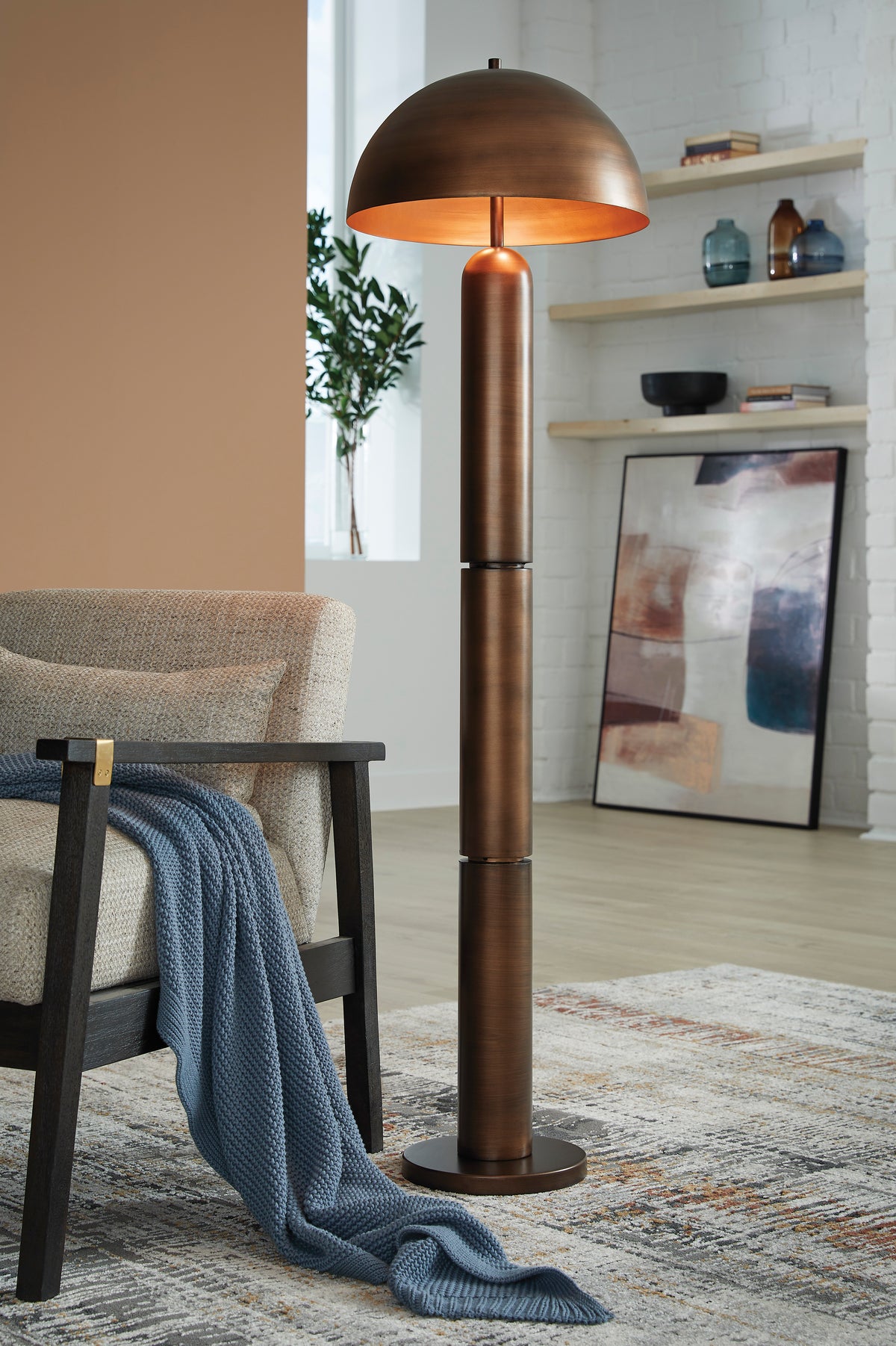 Copper metal floor lamp with dome shade and cylindrical base