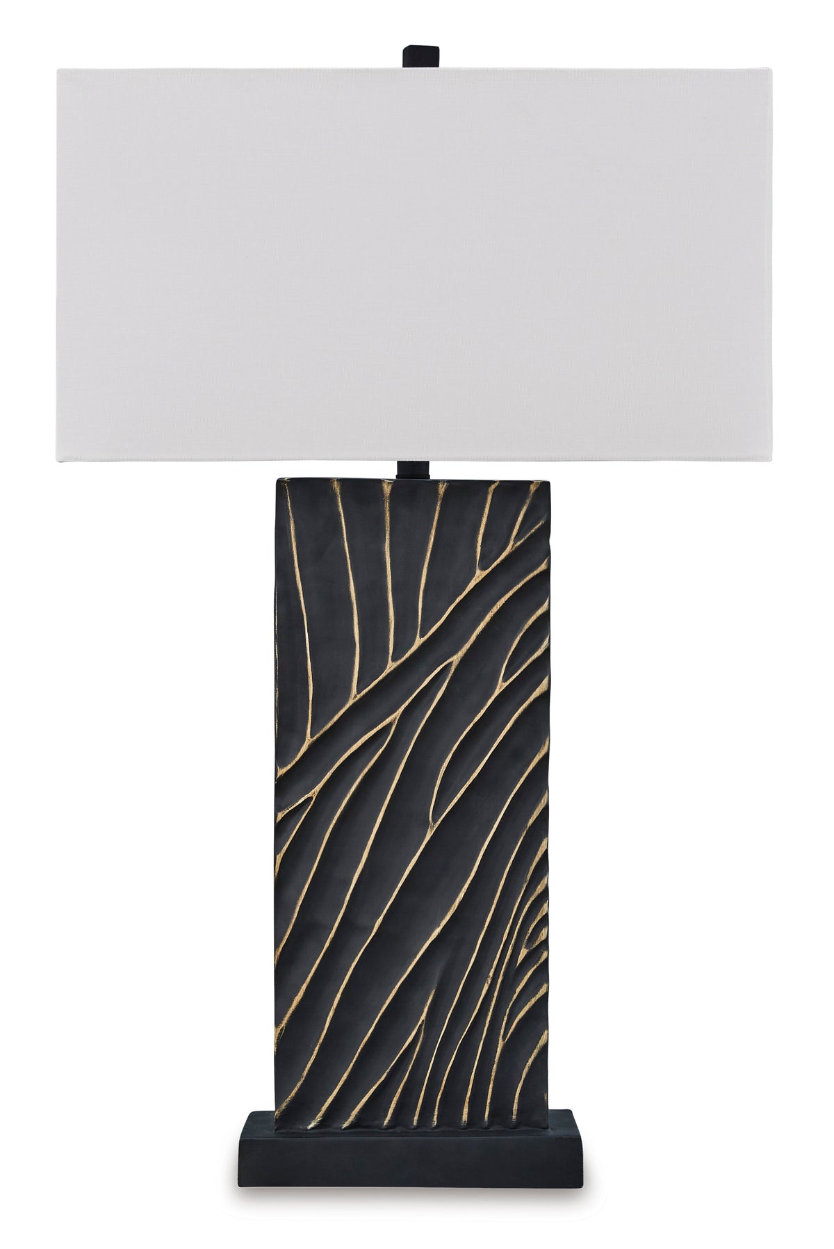 Table lamp with white rectangular shade and black base with gold leaf pattern
