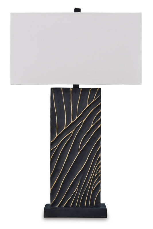 Table lamp with white rectangular shade and black base with gold leaf pattern