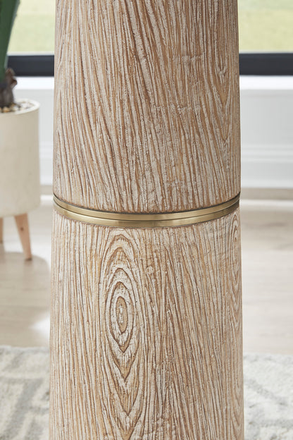 Close-up of wood-look poly floor lamp base with carved oval detail and gold band