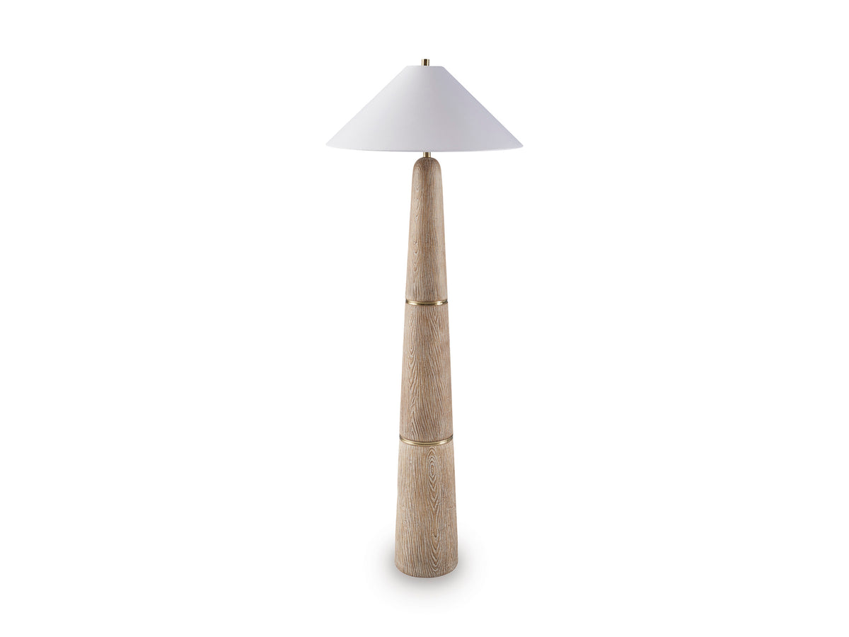 Wood-look poly floor lamp with white cone shade and slim tapered stand
