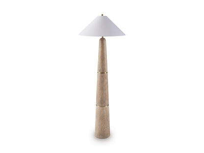 Wood-look poly floor lamp with white cone shade and slim tapered stand