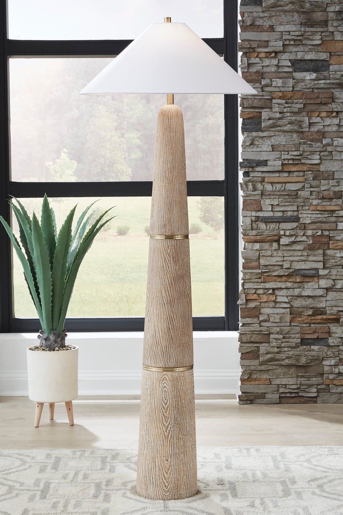 Wood-look poly floor lamp with white cone shade and ribbed base