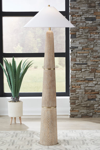 Wood-look poly floor lamp with white cone shade and ribbed base