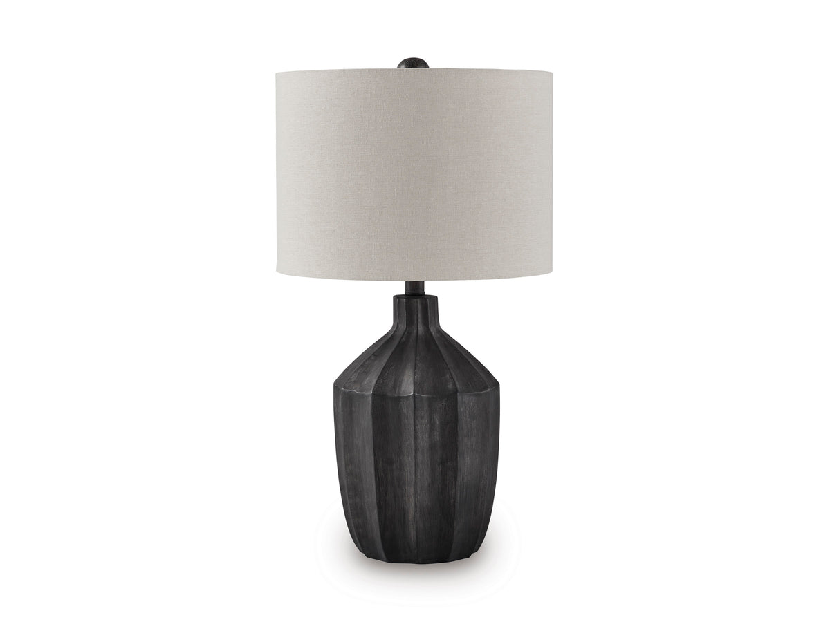 Poly table lamp with beige drum shade and dark gray ribbed sculpted base