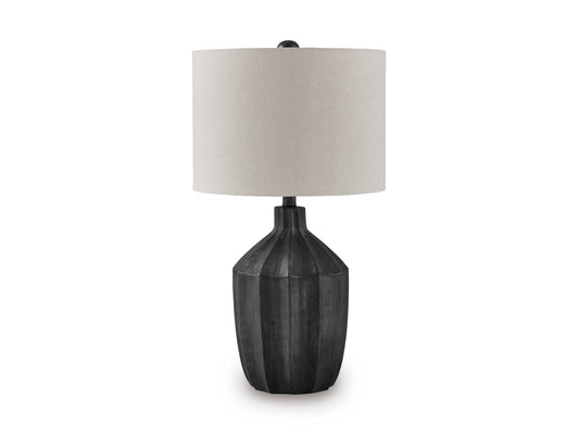 Poly table lamp with beige drum shade and dark gray ribbed sculpted base