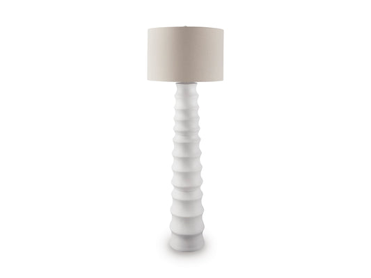 White floor lamp with ribbed base and round tapered fabric drum shade