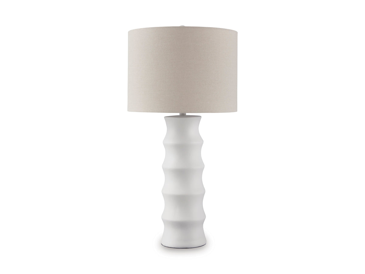 White ribbed ceramic table lamp with beige fabric drum shade, full view
