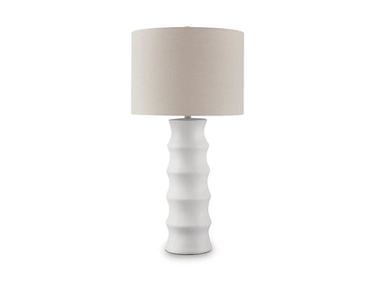 White ribbed ceramic table lamp with beige fabric drum shade, full view