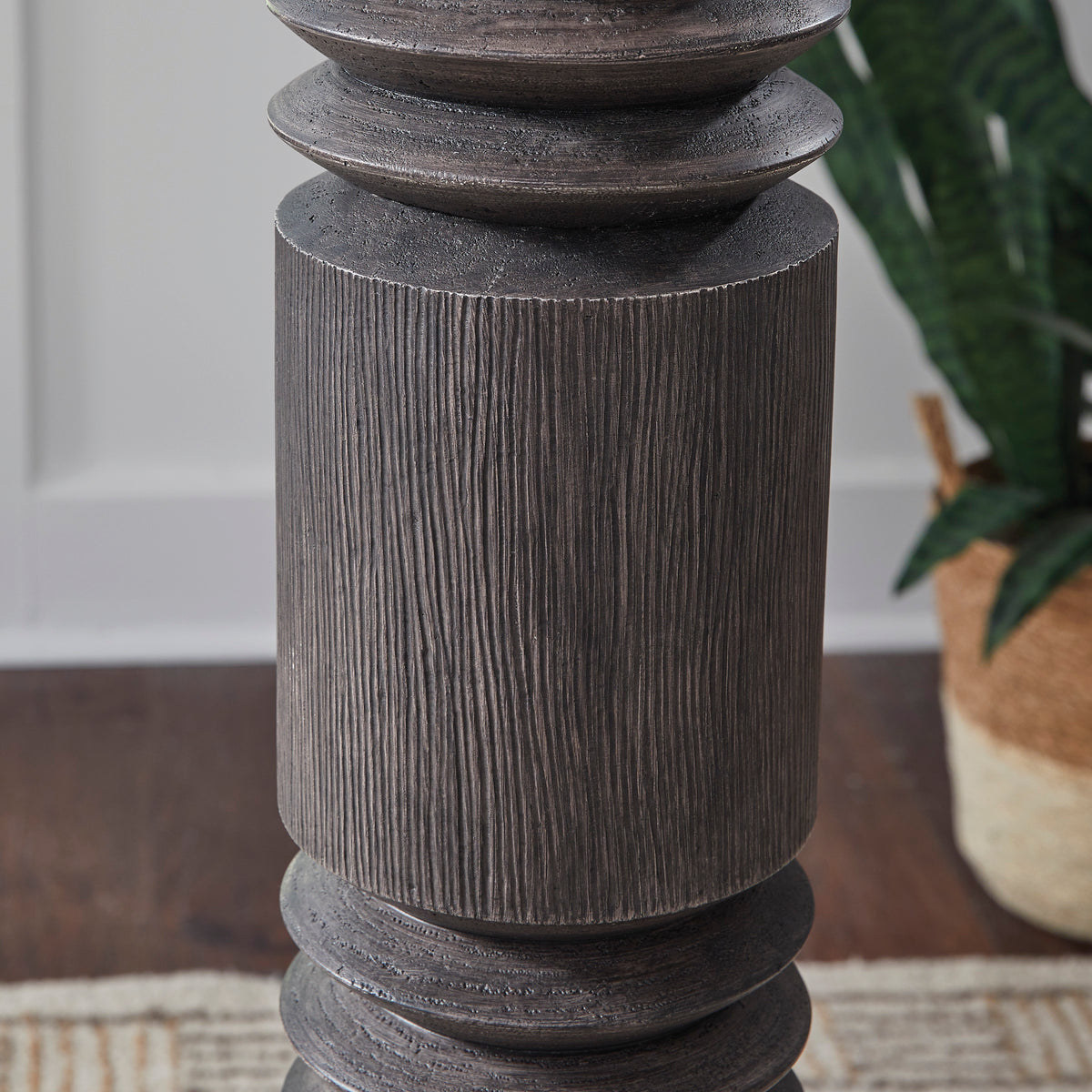 Stacked textured column lamp base in dark gray with vertical ridges