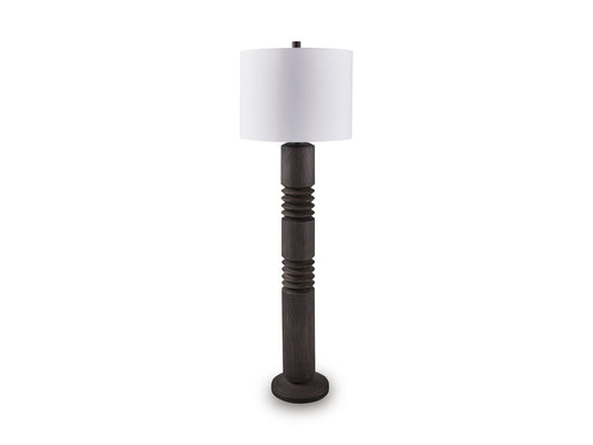 Tall dark poly floor lamp with white drum shade and stacked tapered column base