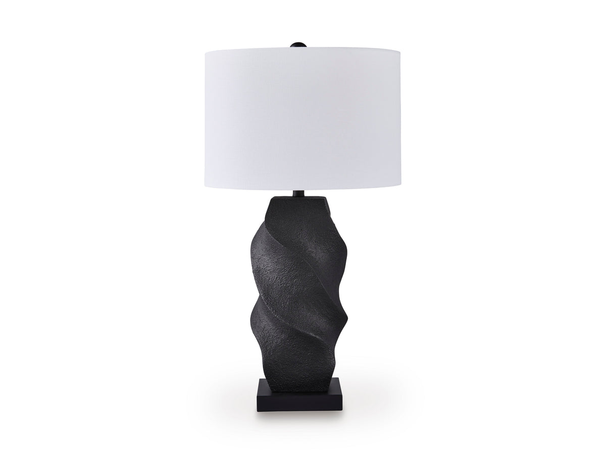 Poly table lamp with black textured base and white drum shade
