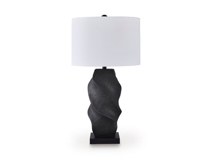 Poly table lamp with black textured base and white drum shade