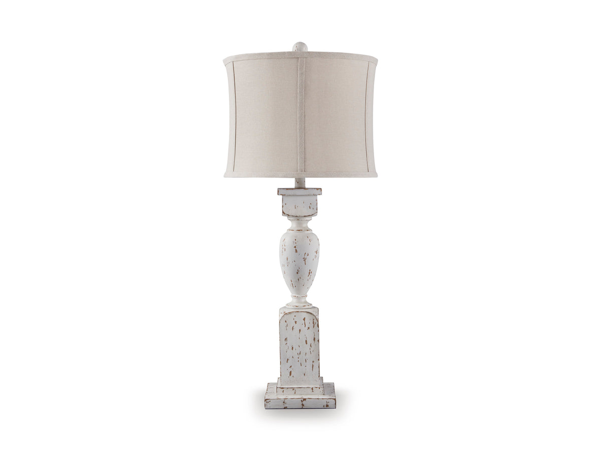 White ceramic pedestal table lamp with beige drum shade