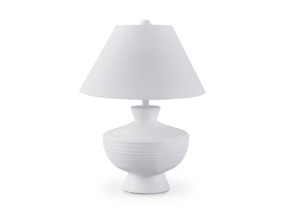 White table lamp with white fabric drum shade and round pleated base