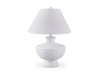 White table lamp with white fabric drum shade and round pleated base