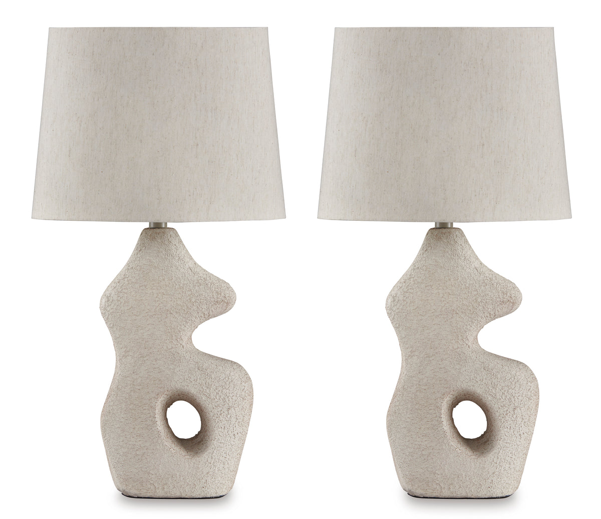 Pair of textured ceramic table lamps with off-white drum shades and round cutouts