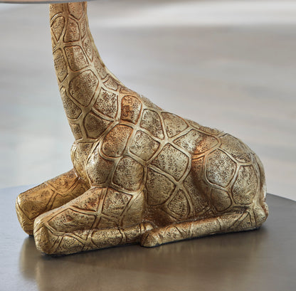 Giraffe base table lamp detail, textured gold-toned body on flat base