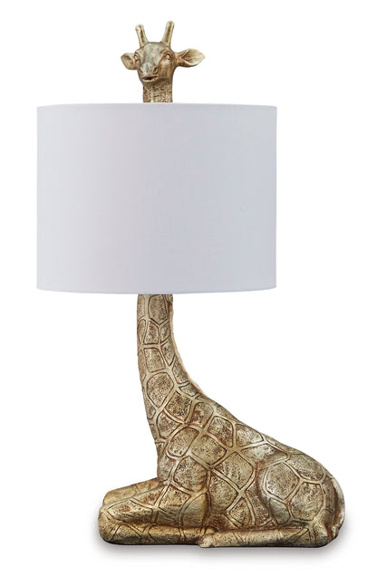 Table lamp with giraffe body base and white drum shade