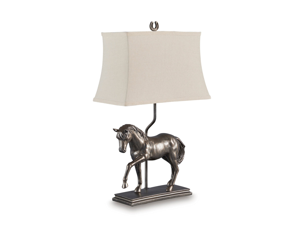 Table lamp with bronze horse figurine base and beige fabric shade
