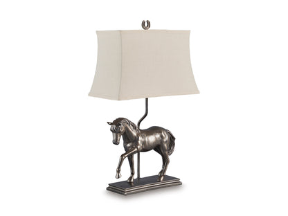 Table lamp with bronze horse figurine base and beige fabric shade