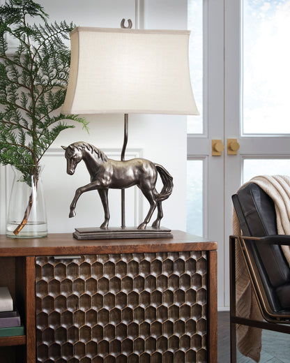 Table lamp with bronze horse figurine base and beige fabric shade