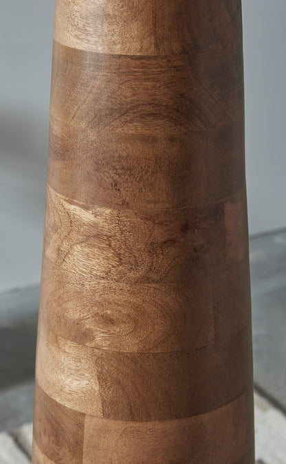 Segmented wood column lamp base with natural brown grain and ringed sections
