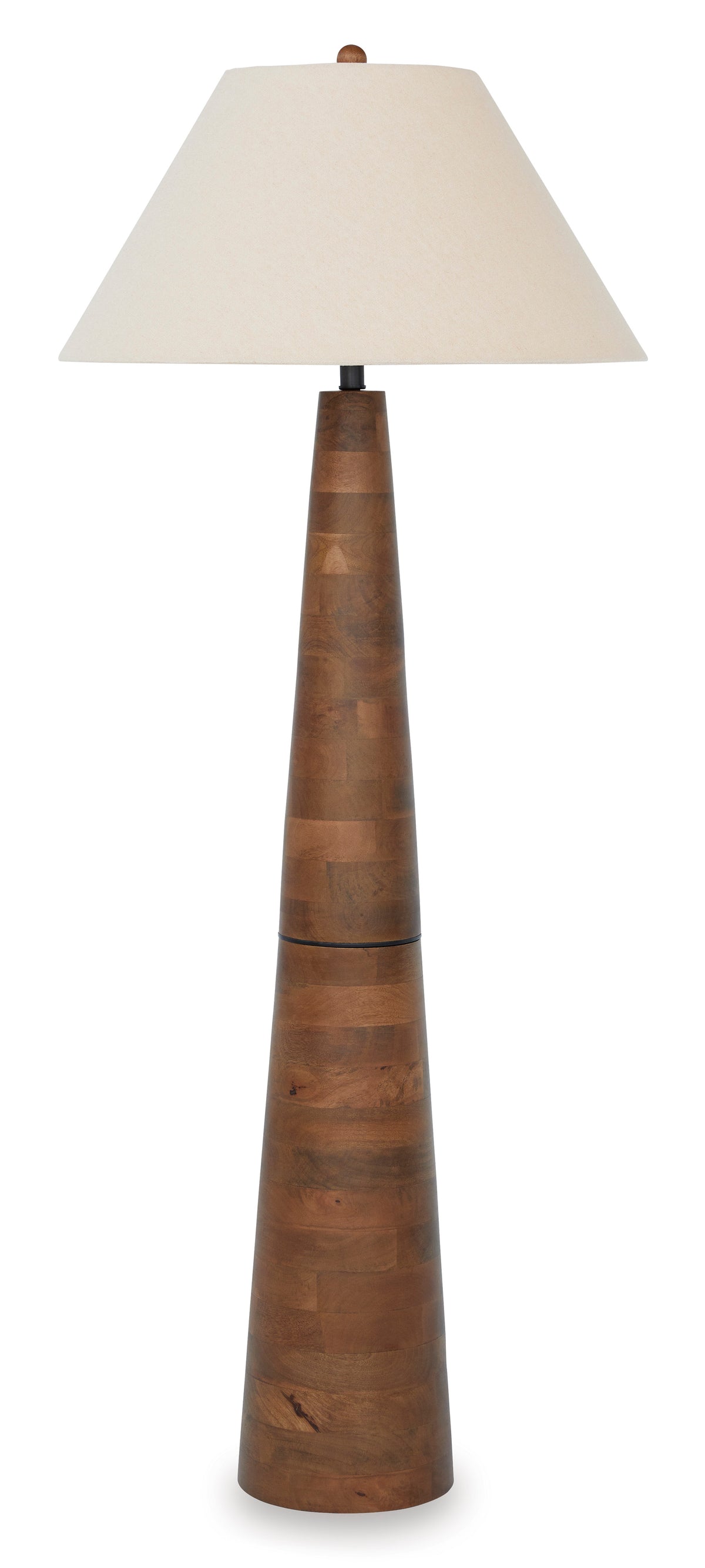 Wood floor lamp with beige fabric drum shade and tall tiered wooden column base