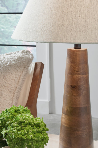 Danset table lamp with beige fabric shade and carved wood base top