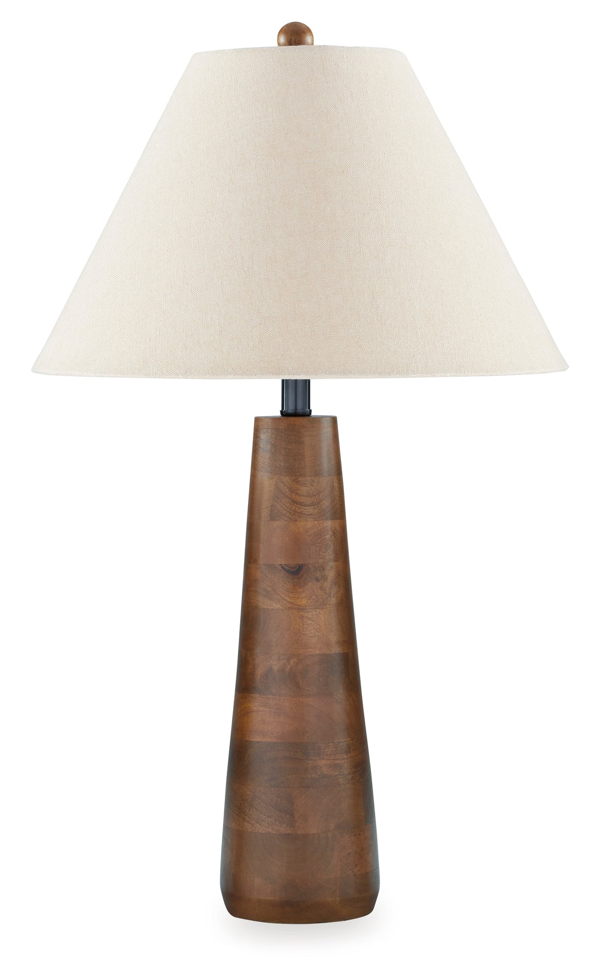 Danset table lamp featuring beige drum shade and dark wood pedestal base