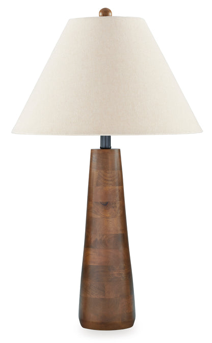 Danset table lamp featuring beige drum shade and dark wood pedestal base