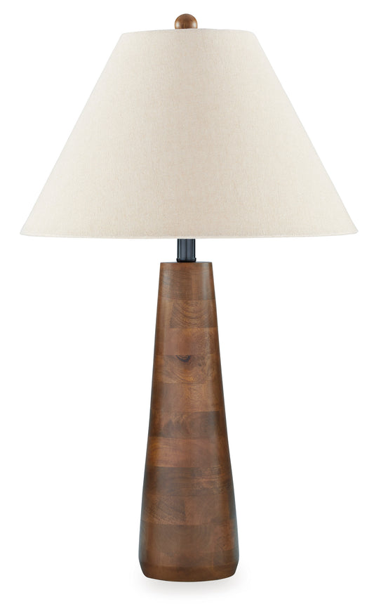 Danset table lamp featuring beige drum shade and dark wood pedestal base