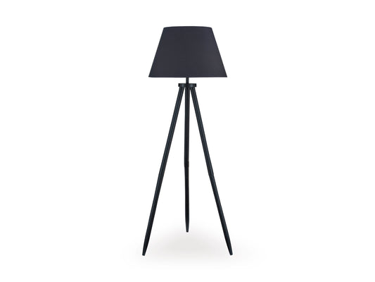 Tripod floor lamp with dark fabric shade and three tapered legs