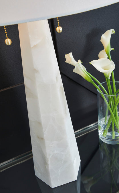 Alabaster table lamp base with white drum shade; gold pull chain details