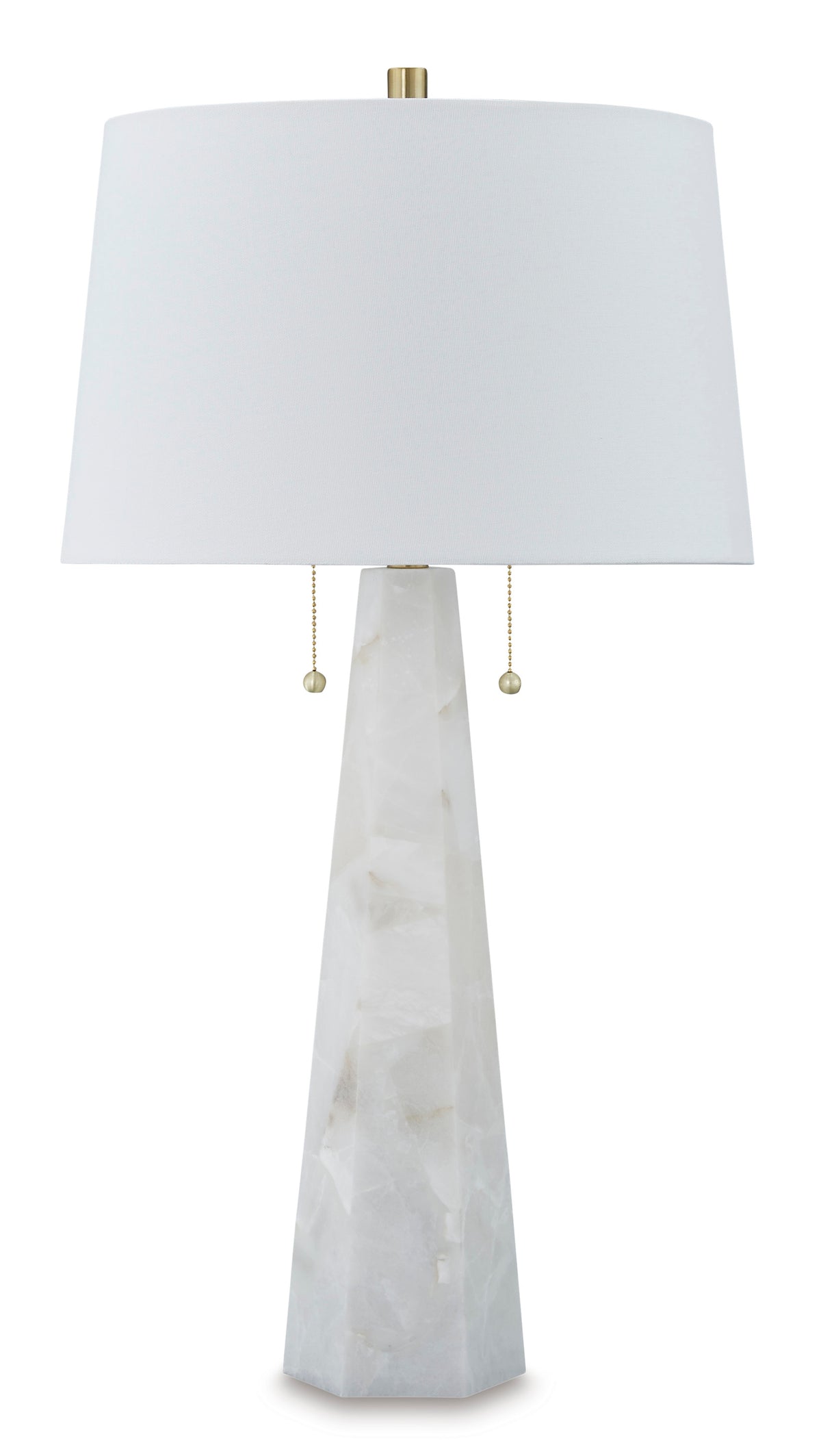 Alabaster table lamp with white drum shade and brass top cap